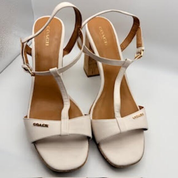 Coach White Leather Cork Block Heel Sandals 11B - Picture 2 of 16